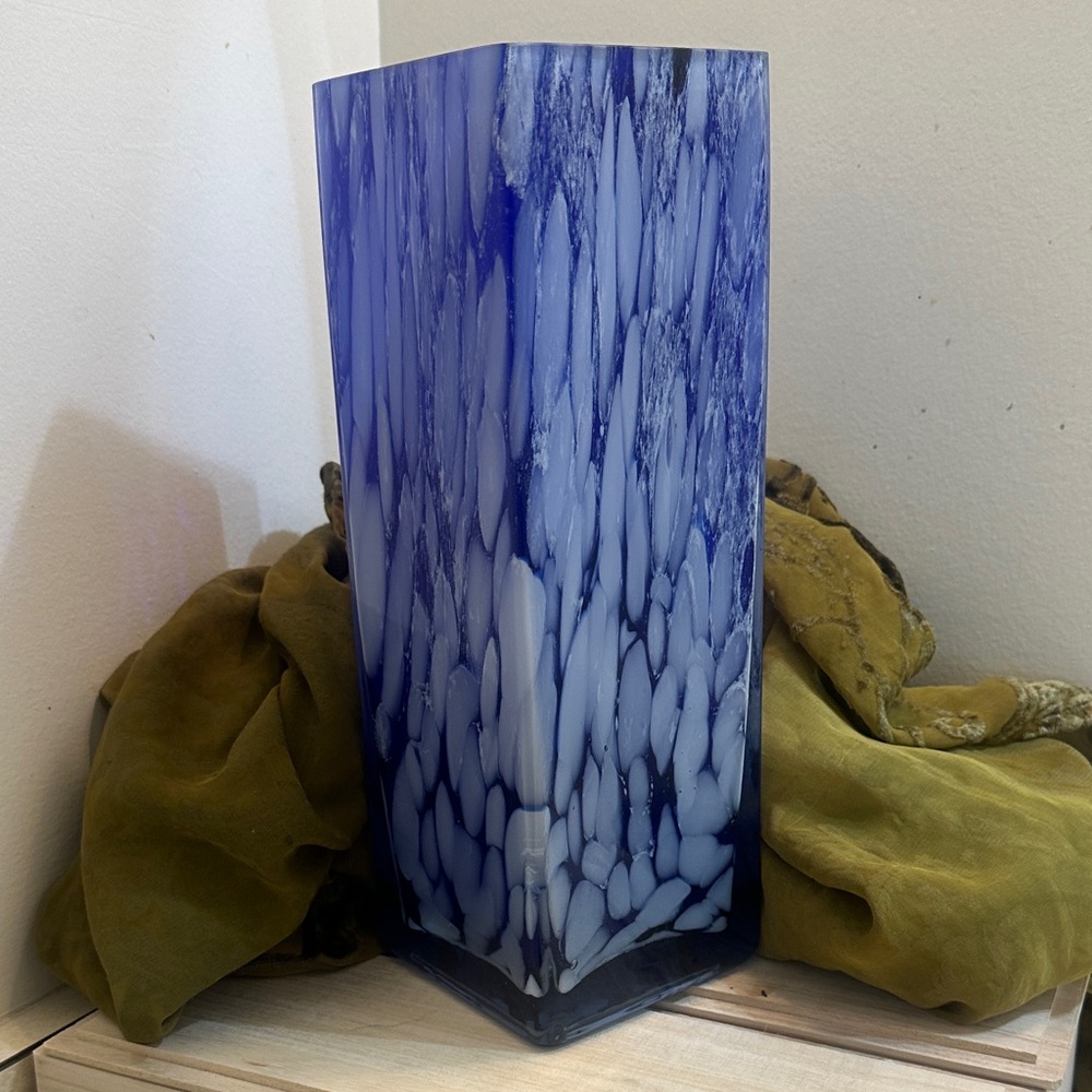 Vintage Blue and White Hand Blown Glass Vase - Picture 2 of 8
